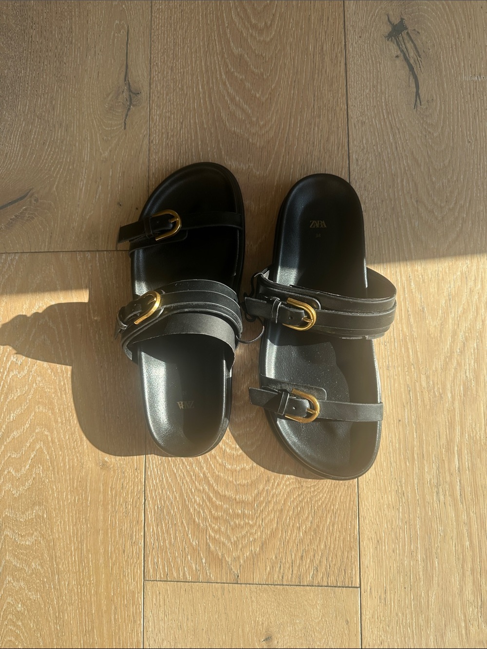 Zara Black Slide Sandals with Gold Buckles